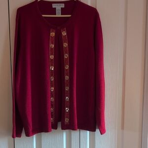 Sag Harbor Red Cardigan with Gold Sequin Trim